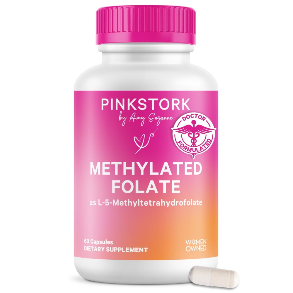 Pink Stork Folate: Methyl Folate - MTHFR Acid, Natural Form of Folic Acid for Pregnancy, Formulated for Mom + Baby, Women-Owned, 60 Capsules (Packaging May Vary)