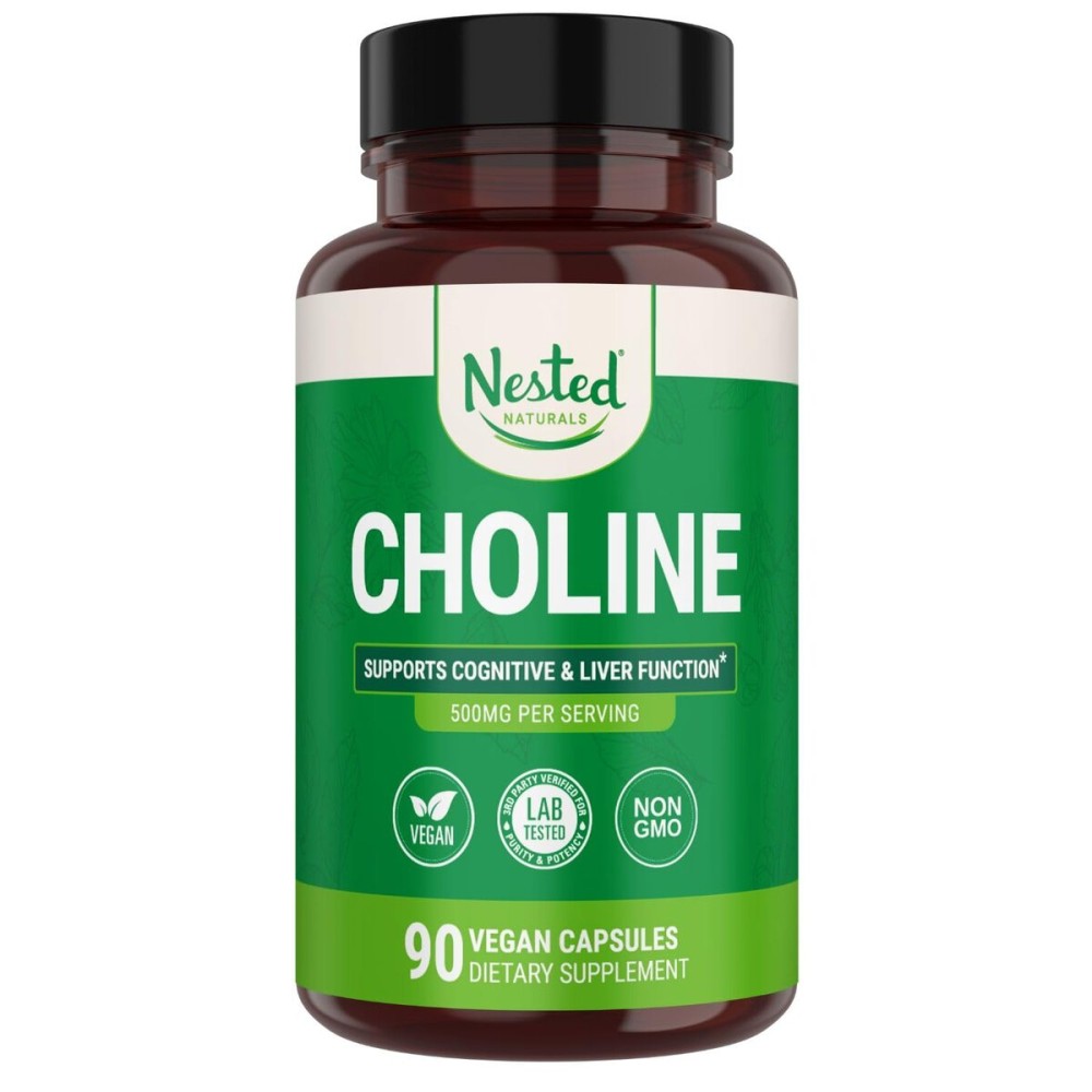 Nested Naturals Choline Bitartrate 500mg - High Potency Choline Supplements - Supports Cognitive Performance & Liver Function - 100% Vegan & Non-GMO Choline - 90 Vegan Capsules