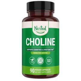 Nested Naturals Choline Bitartrate 500mg - High Potency Choline Supplements - Supports Cognitive Performance & Liver Function - 100% Vegan & Non-GMO Choline - 90 Vegan Capsules