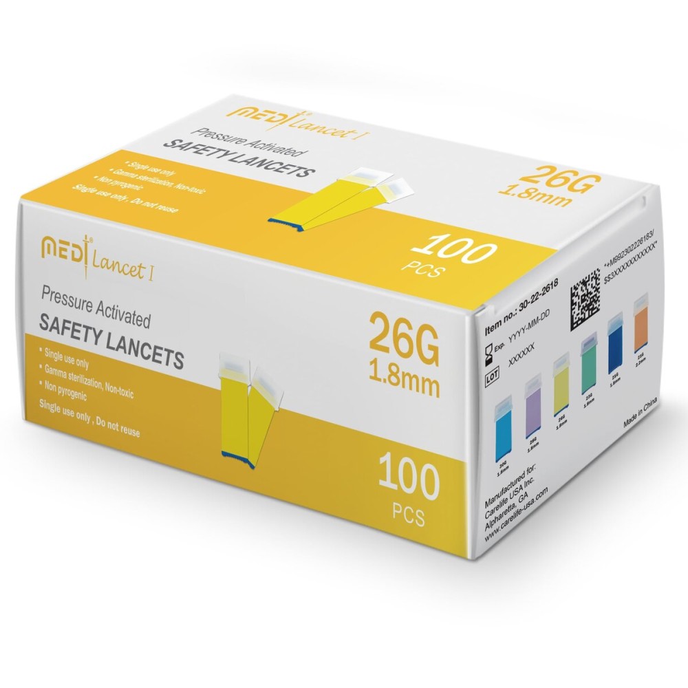 Medt - Pressure Activated Safety Lancets 26G x 1.8mm - Gamma Ray Sterilized, Ideal for Blood Testing, Single Use and Gentle for Comfortable Testing - Pack of 100