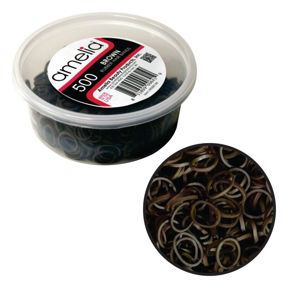 Amelia Beauty | 500 Count 1/2 Rubber Bands | Premium US Made Rubber Hair Ties | Ideal for Ponytails, Braids & Beards | Strong All Day Hold | Convenient Re-closable Container | Brown