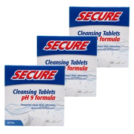 Secure Daily Cleansing Tablets - pH 9 Formula Thoroughly Cleans Dentures - Fights Odors, Stains & Germs - For Dentures, Nightguards, Retainers & Partials - 32 Tablets (3 Pack)
