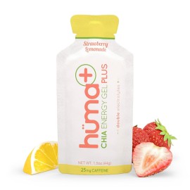 Huma Plus (Double Electrolytes) - Chia Energy Gel, Strawberry Lemonade, 12 Gels, 25mg Caffeine - Stomach Friendly, Real Food Energy Gels