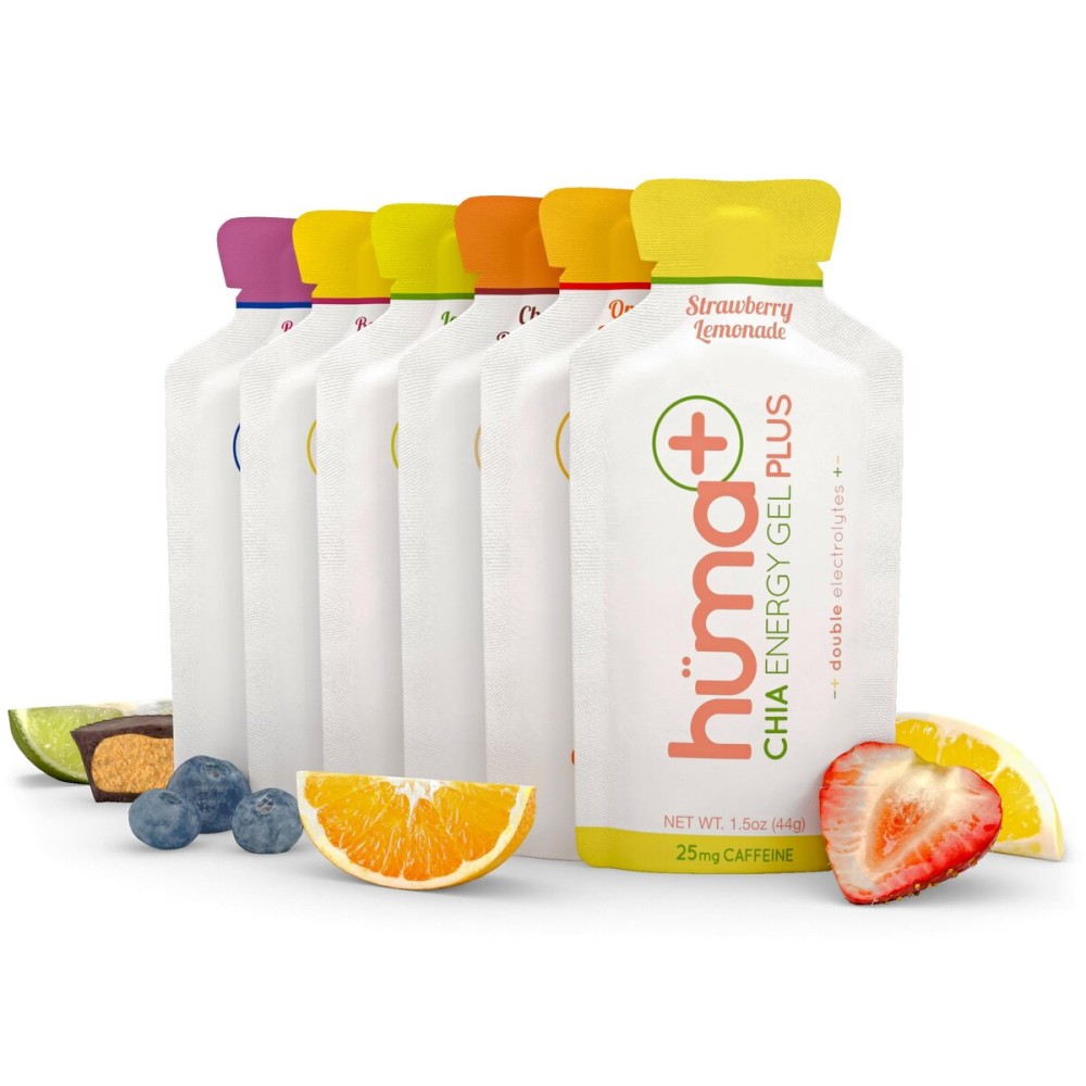 Huma Plus (Double Electrolytes) Chia Energy Gel, Variety Pack, 12 Gels - Stomach Friendly, Real Food Energy Gels