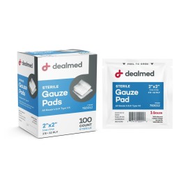 Dealmed 2 x 2 Sterile Gauze Pads (100 Count) Disposable and Individually Wrapped Medical Gauze Pads, Wound Care Product for First Aid Kit and Medical Facilities (Pack of 1)