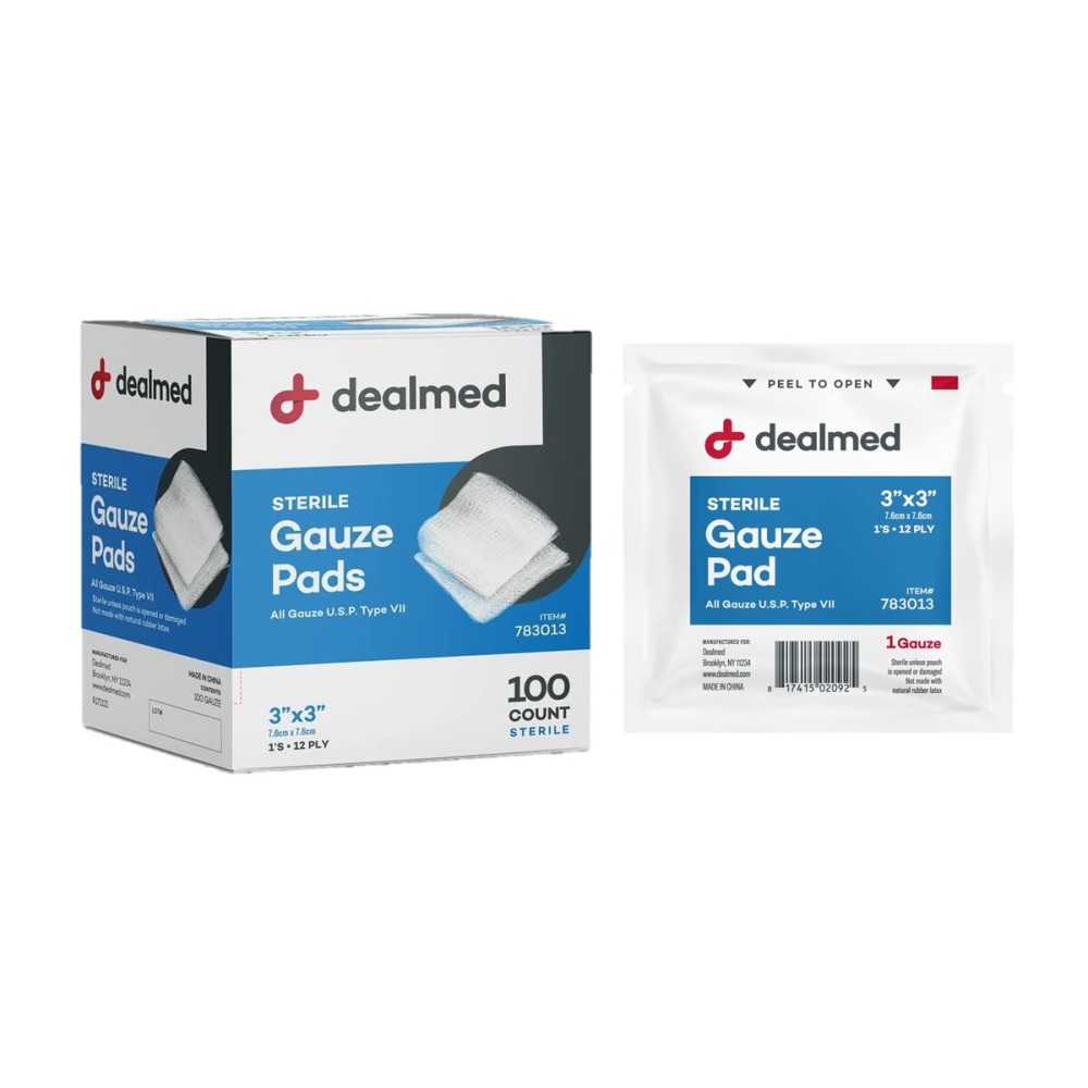 Dealmed 3 x 3 Sterile Gauze Pads (100 Count) Disposable and Individually Wrapped Medical Gauze Pads, Wound Care Product for First Aid Kit and Medical Facilities (Pack of 1)