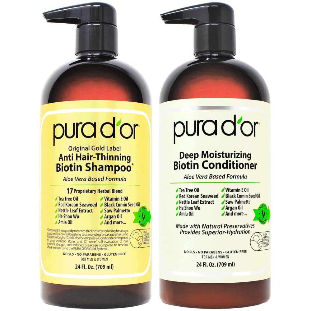 PURA D\'OR Anti-Thinning Biotin Shampoo & Deep Moisturizing Conditioner Original Gold Label Set (24oz x2) Natural Earthy Scent, CLINICALLY TESTED Effective Results, Hair Thickening Product, Women & Men