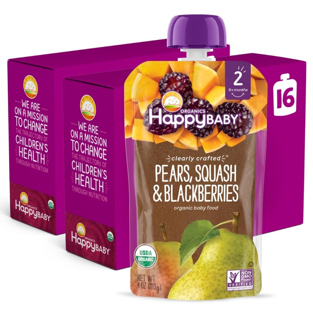 Happy Baby Organics Stage 2 Baby Food Pouches, Gluten Free, Vegan & Healthy Snack, Clearly Crafted Fruit & Veggie Puree, Pears, Squash & Blackberries, 4 Ounces (Pack of 16)