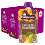 Happy Baby Organics Stage 2 Baby Food Pouches, Gluten Free, Vegan & Healthy Snack, Clearly Crafted Fruit & Veggie Puree, Pears, Squash & Blackberries, 4 Ounces (Pack of 16)