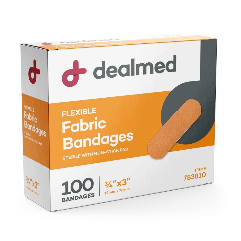 Dealmed Fabric Flexible Adhesive Bandages - 100 Count (1 Pack) Bandages with Non-Stick Pad, Latex Free, Wound Care for First Aid Kit, 3 x 3/4