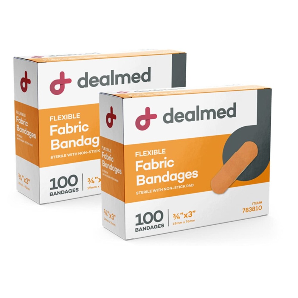 Dealmed Fabric Flexible Adhesive Bandages - 100 Count (2 Pack) Bandages with Non-Stick Pad, Latex Free, Wound Care for First Aid Kit, 3 x 3/4