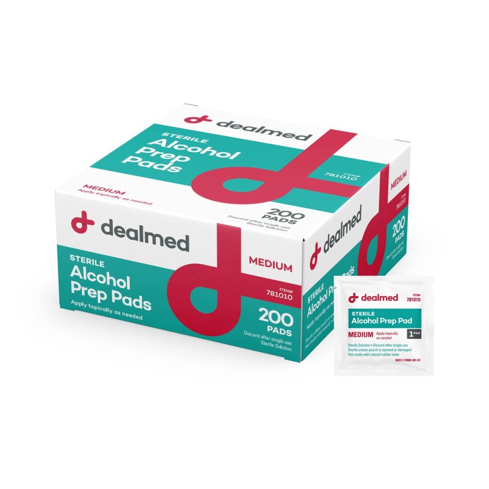Dealmed 200 Sterile Alcohol Prep Pads Isopropyl Wipes Individually Wrapped Medium Square, 2-Ply for Cuts Scrapes and General Cleansing