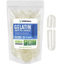 XPRS Nutra Size 3 Empty Capsules - 1000 Count Empty Gelatin Capsules - Pills DIY Capsule Filling - Clear Pure Bovine Pill Gel Cap Fillable for Do-It-Yourself Vitamins and Supplements