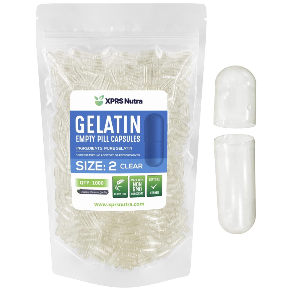 XPRS Nutra Size 2 Empty Capsules - 1000 Count Clear Empty Gelatin Capsules - Pills DIY Capsule Filling - Pure Bovine Pill Gel Caps for Do-It-Yourself Supplements
