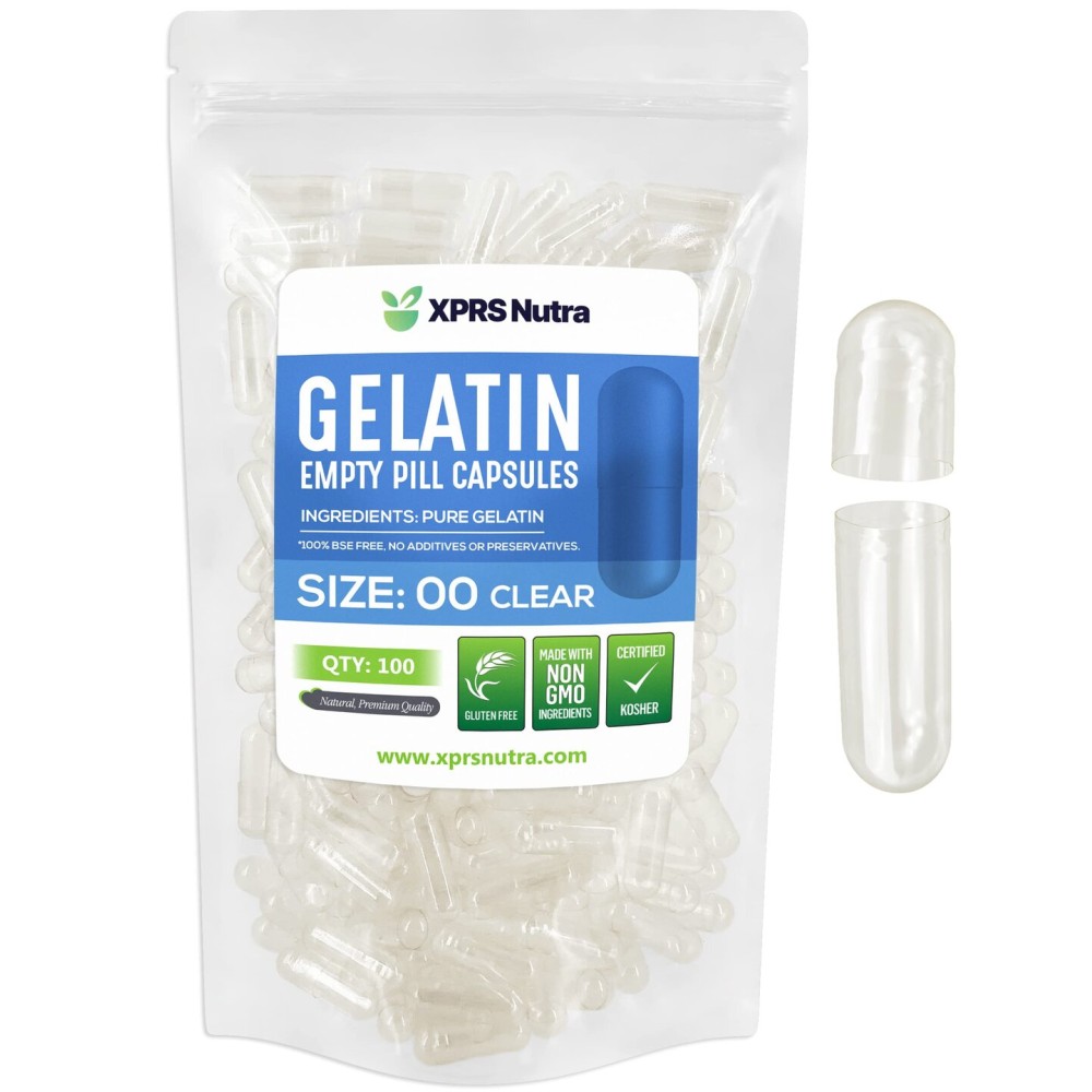 XPRS Nutra Size 00 Empty Capsules - 100 Count Clear Empty Gelatin Capsules - Pills DIY Capsule Filling - Fillable Pill Gel Caps for Do-It-Yourself Supplements