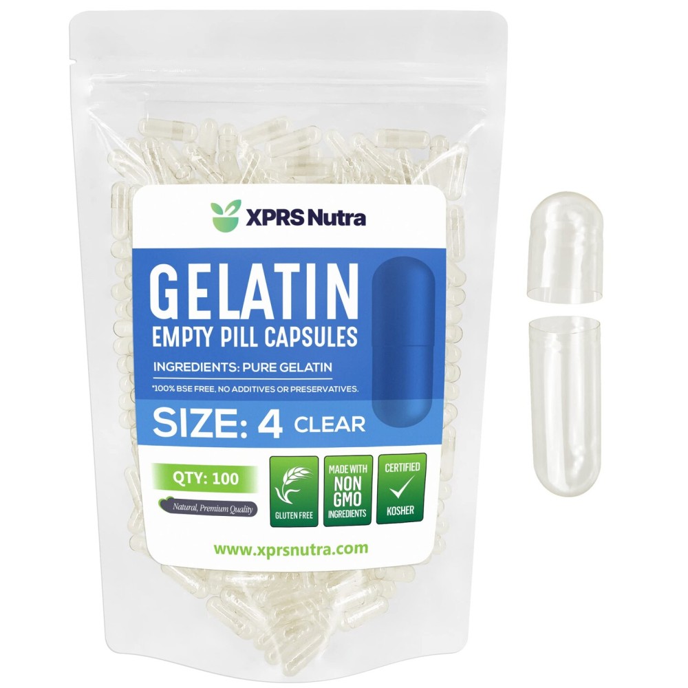 XPRS Nutra Size 4 Empty Capsules - 100 Count Small Clear Empty Gelatin Capsules - Pills DIY Capsule Filling - Fillable Pure Bovine Pill Gel Caps for Do-It-Yourself Supplements