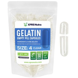 XPRS Nutra Size 4 Empty Capsules - 100 Count Small Clear Empty Gelatin Capsules - Pills DIY Capsule Filling - Fillable Pure Bovine Pill Gel Caps for Do-It-Yourself Supplements