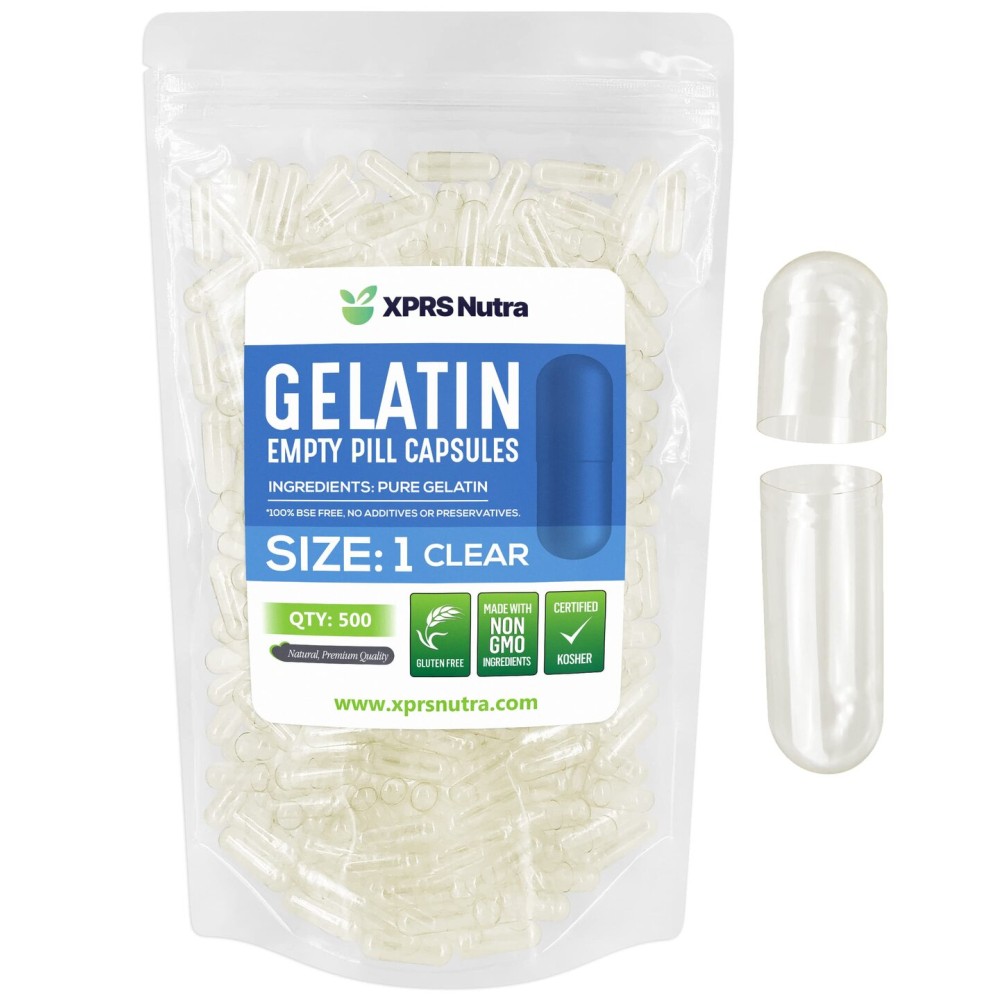 XPRS Nutra Size 1 Empty Capsules - 500 Count Empty Gelatin Capsules - Pills DIY Capsule Filling - Pure Bovine Pill Gel Caps for Do-It-Yourself Supplements (Clear)