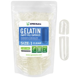 XPRS Nutra Size 1 Empty Capsules - 500 Count Empty Gelatin Capsules - Pills DIY Capsule Filling - Pure Bovine Pill Gel Caps for Do-It-Yourself Supplements (Clear)