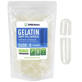 XPRS Nutra Size 3 Empty Capsules - 500 Count Clear Empty Gelatin Capsules - Pills DIY Capsule Filling - Pure Bovine Pill Gel Caps Fillable for Do-It-Yourself Vitamins and Supplements