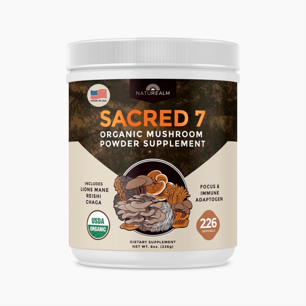 Sacred 7 Mushroom Powder Supplement, 7-in-1 Blend (7 Month Supply) | Immune Defense, Focus & Energy Support | Coffee Enhancer | Lions Mane, Reishi, Chaga | Organic 100% Fruiting Body Extract