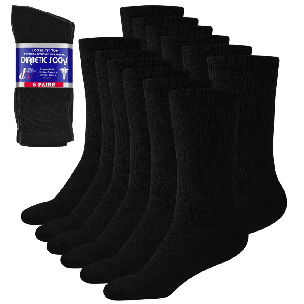 Diabetic Socks Womens Cotton 6-Pack Crew Black By DEBRA WEITZNER Crew/Black womens 9-11