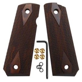 Cool Hand 1911 Rosewood Grips, Gun Grips Screws Included, Full Size (Government/Commander), Checker Diamond Cut, Ambi Safety Cut, Brown