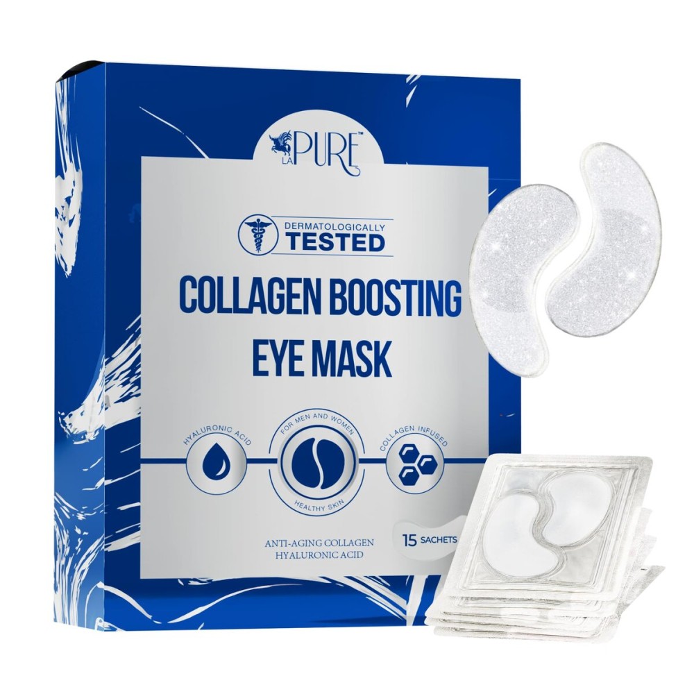 LA PURE Collagen Boosting Eye Mask Patches Under Eye Patches for Puffy Eyes Hyaluronic Acid Dark Circles Bags Lines Anti Wrinkles Anti Aging Hydrating Moisturizing Brightening Eye Gels 15ct