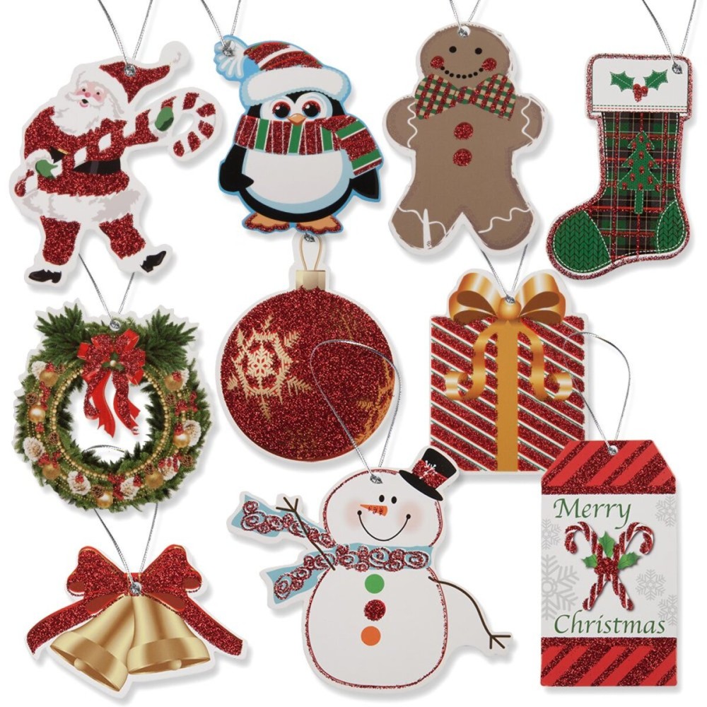 100 Count Christmas Gift Tags with Strings - Glitter Holiday Tags with Santa, Snowman, Penguin, Gingerbread, Wreath & Ornament Designs for Gift Wrapping and Holiday Parties