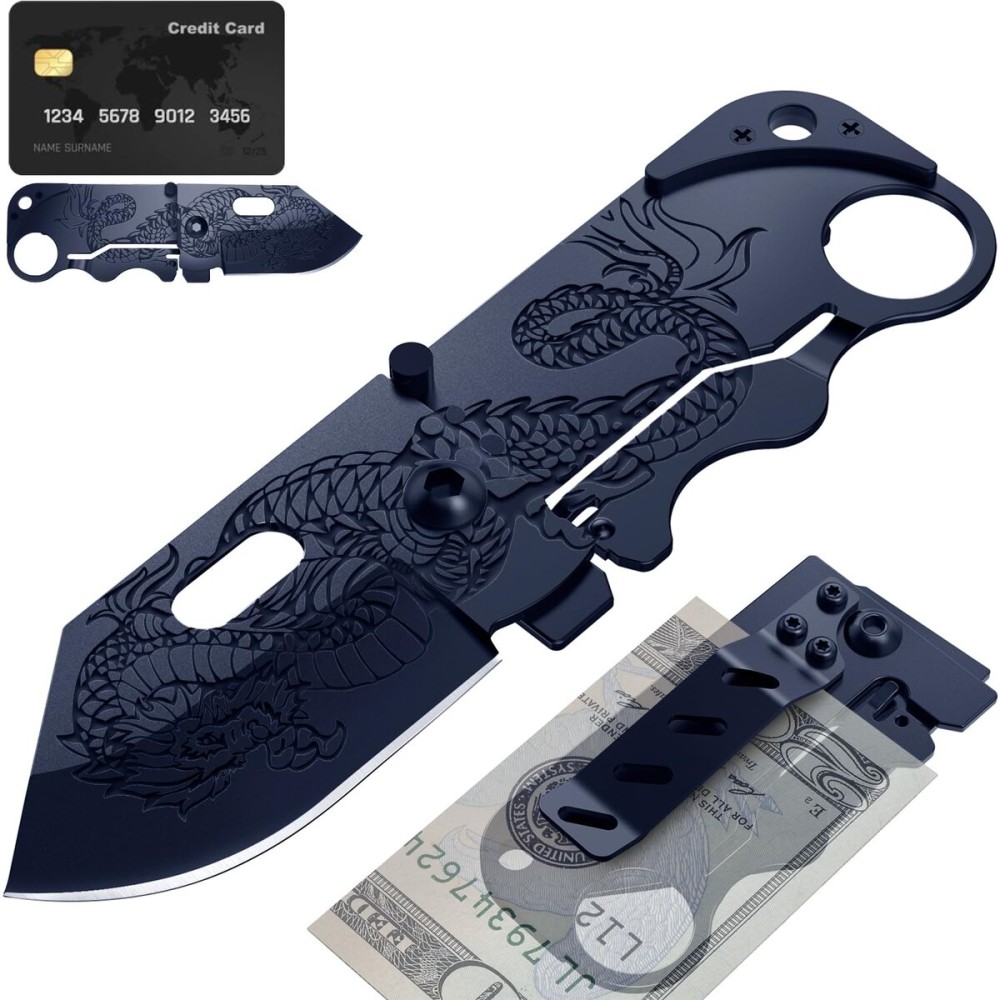 Grand Way Pocket Knife - 2.36 Folding Sharp Blade with Money Clip - Unique Small Knife with Engraved Dragon Blade - Credit Card Holder for EDC- Birthday Gifts Ideas for Men & Women 6682