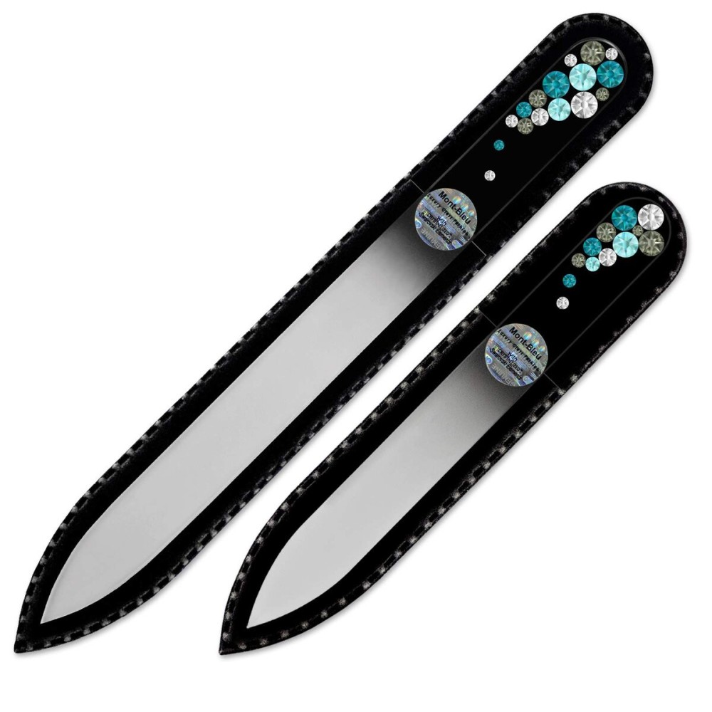 Mont Bleu Set of 2 Glass Nail Files Hand Decorated with Crystals - in Black Velvet Sleeve - Genuine Czech Tempered Glass - Birthday Gifts for Women - Crystal Nail Files for Natural Nails