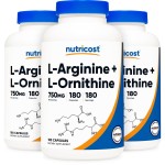 Nutricost L-Arginine L-Ornithine 750mg; 180 Capsules (3 Bottles)