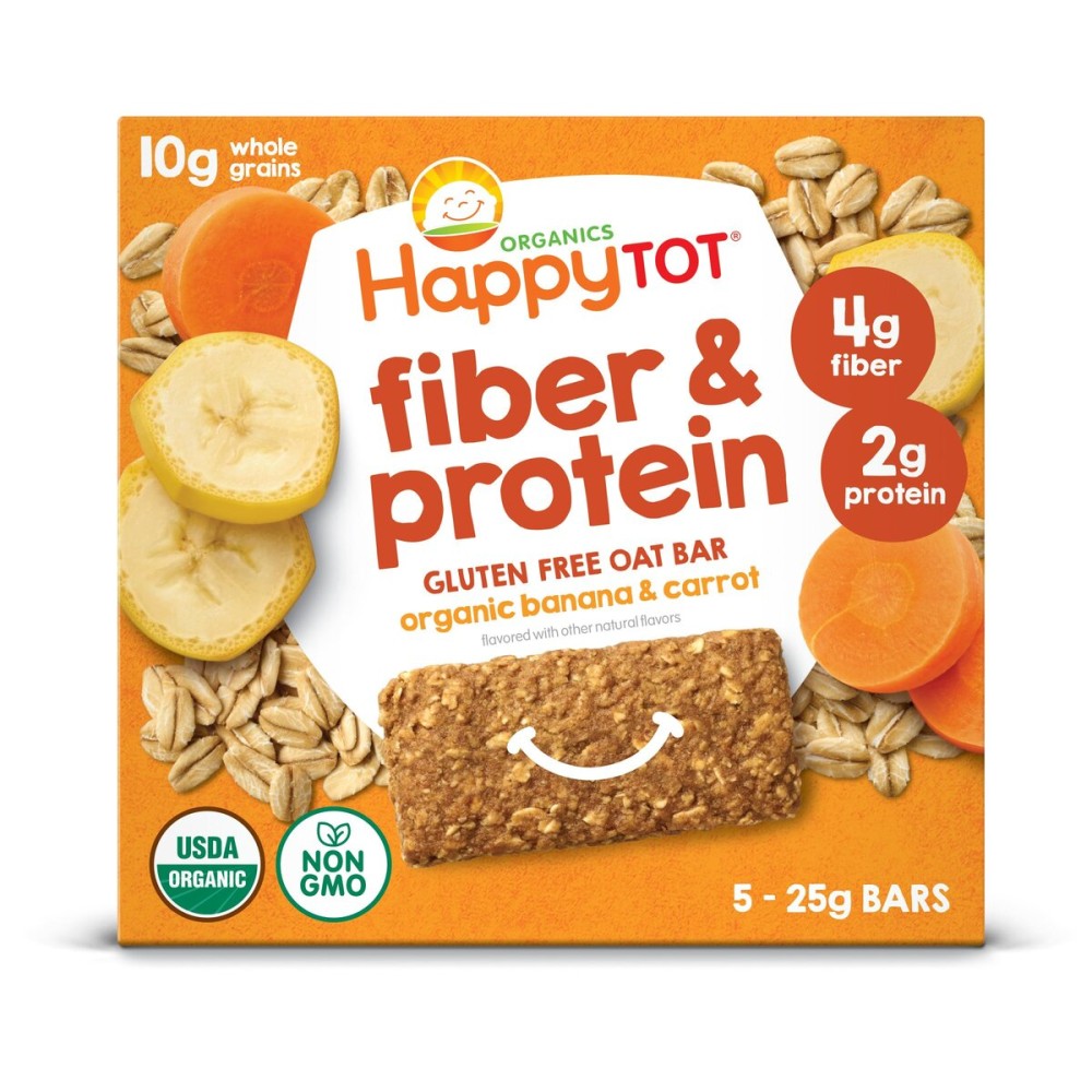 HAPPYTOT Organics Fiber & Protein Soft-Baked Oat Bars Organic Toddler Snack Banana & Carrot, 0.88 Ounce Bars, 5 Count Box (Pack of 6)