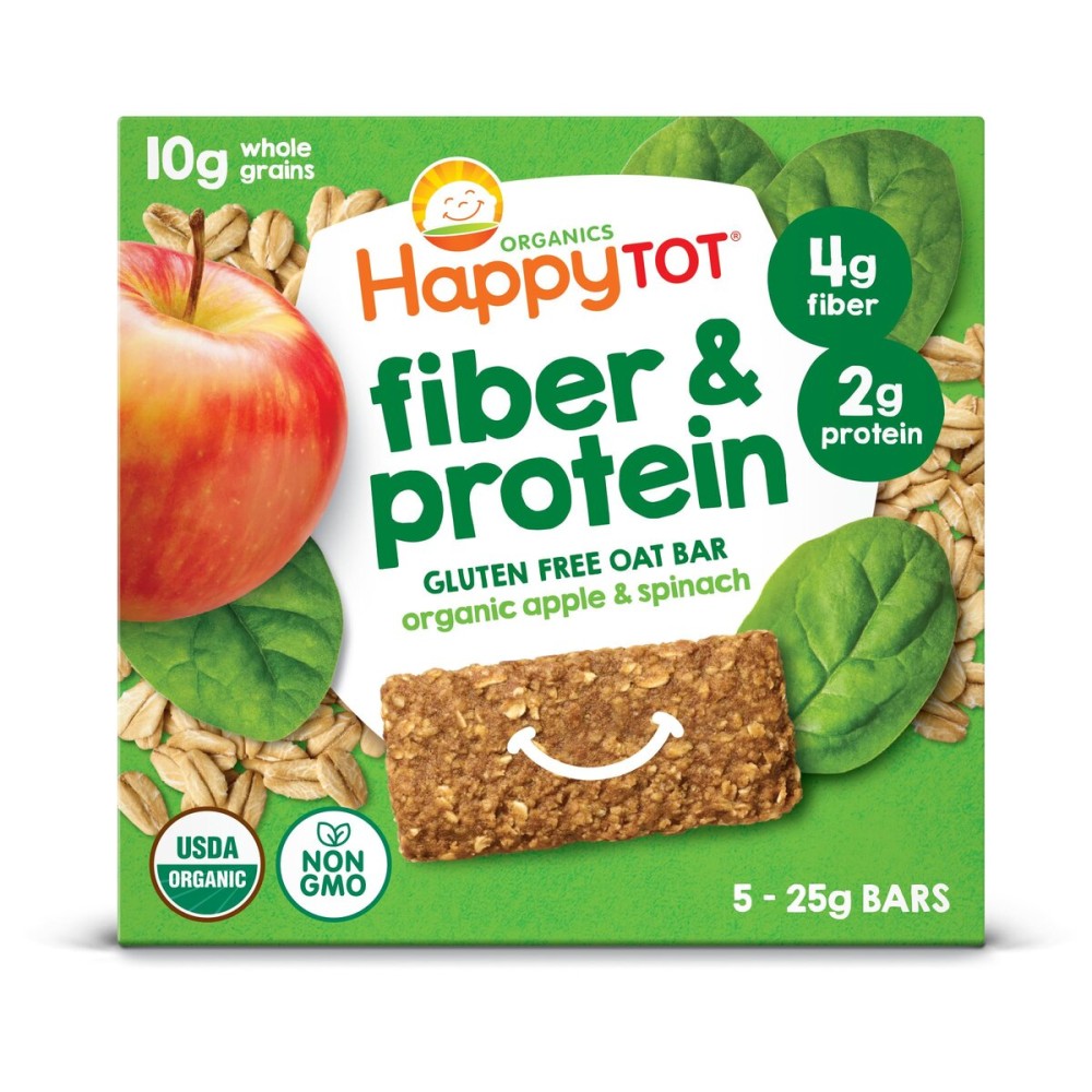 HAPPYTOT Organics Fiber & Protein Soft-Baked Oat Bars Toddler Snack Apple & Spinach, 0.88 Ounce Bars, 5 Count Box (Pack of 6)