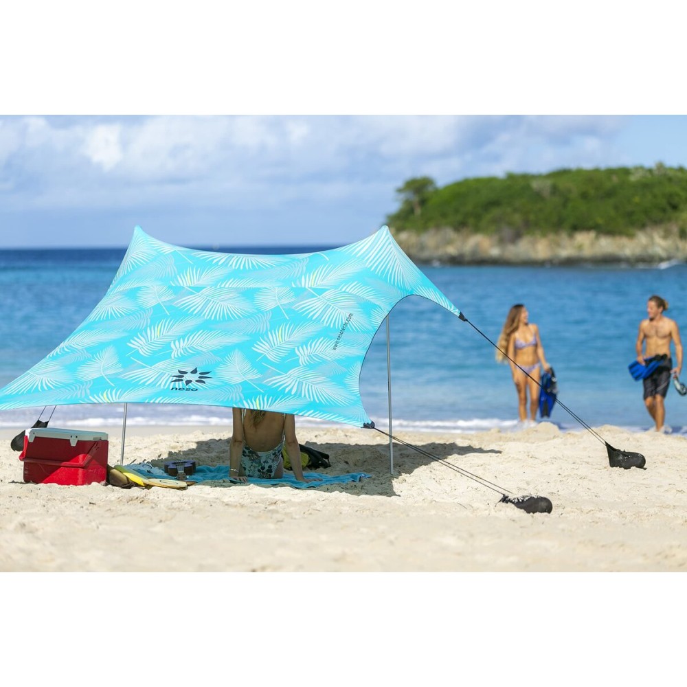 Neso Portable Beach Tent Sun Shelter with Sand Anchor - Lightweight Beach Shade Canopy - Easy Setup for Family Outings - Patented Reinforced Corners - UPF 50+ Sun Protection - 7 x 7ft - Aqua Fronds