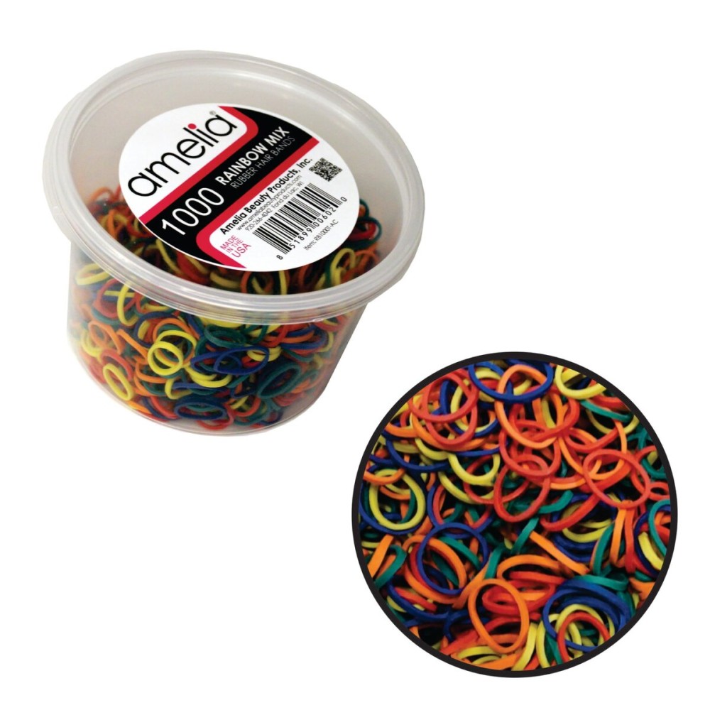Amelia Beauty | 1000 Count 1/2 Rubber Bands | Premium US Made Rubber Hair Ties | Ideal for Ponytails, Braids & Beards | Strong All Day Hold | Convenient Re-closable Container | Rainbow MIx