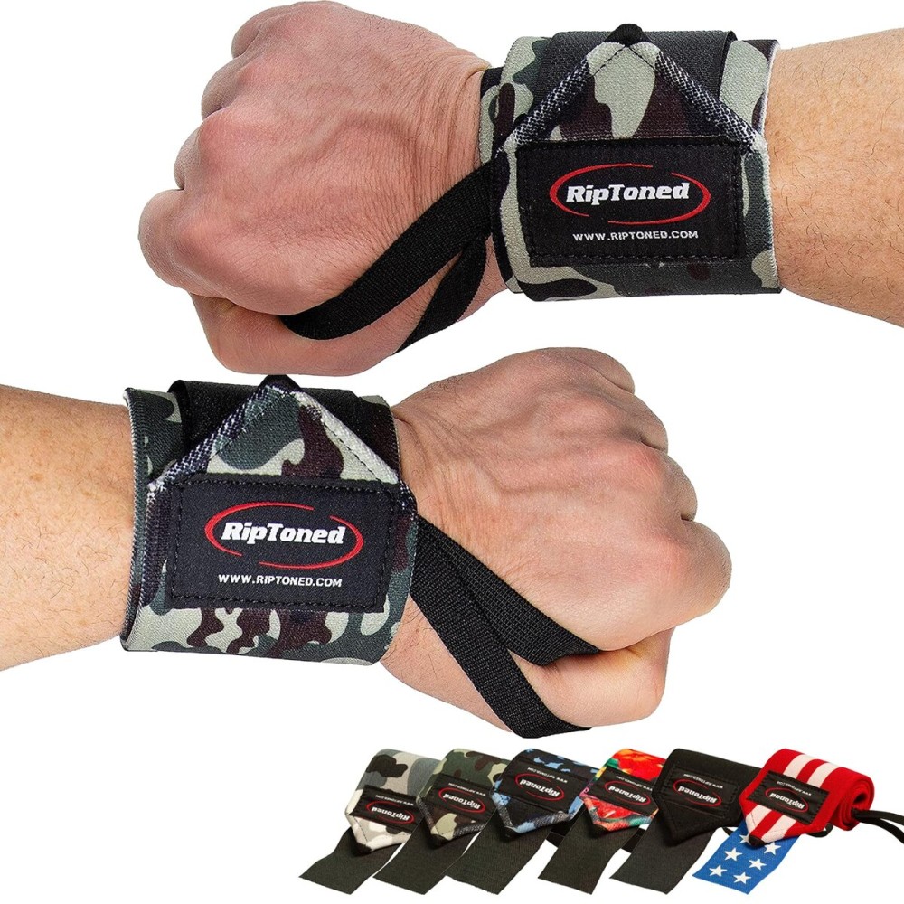 Rip Toned Wrist Wraps for Weightlifting - USPA & USAPL Approved 18 Wrist Straps for Powerlifting - Adjustable, Durable Gym Wraps with Thumb Loop - Maximum Support for Men & Women - Green Camo Stiff