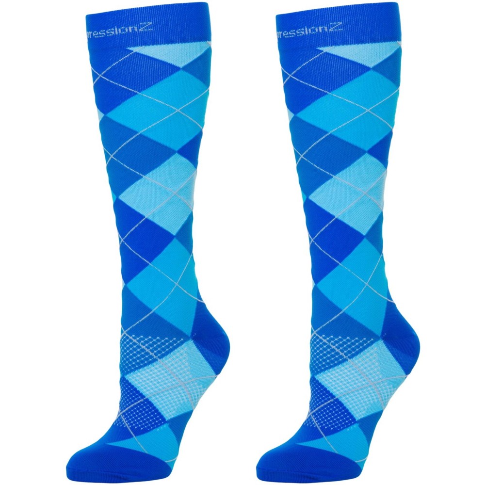CompressionZ 30-40 mmHg Knee High Compression Socks Men & Women | Support Stockings for Travel, Nurses and Athletes (Argyle Blue, Small)