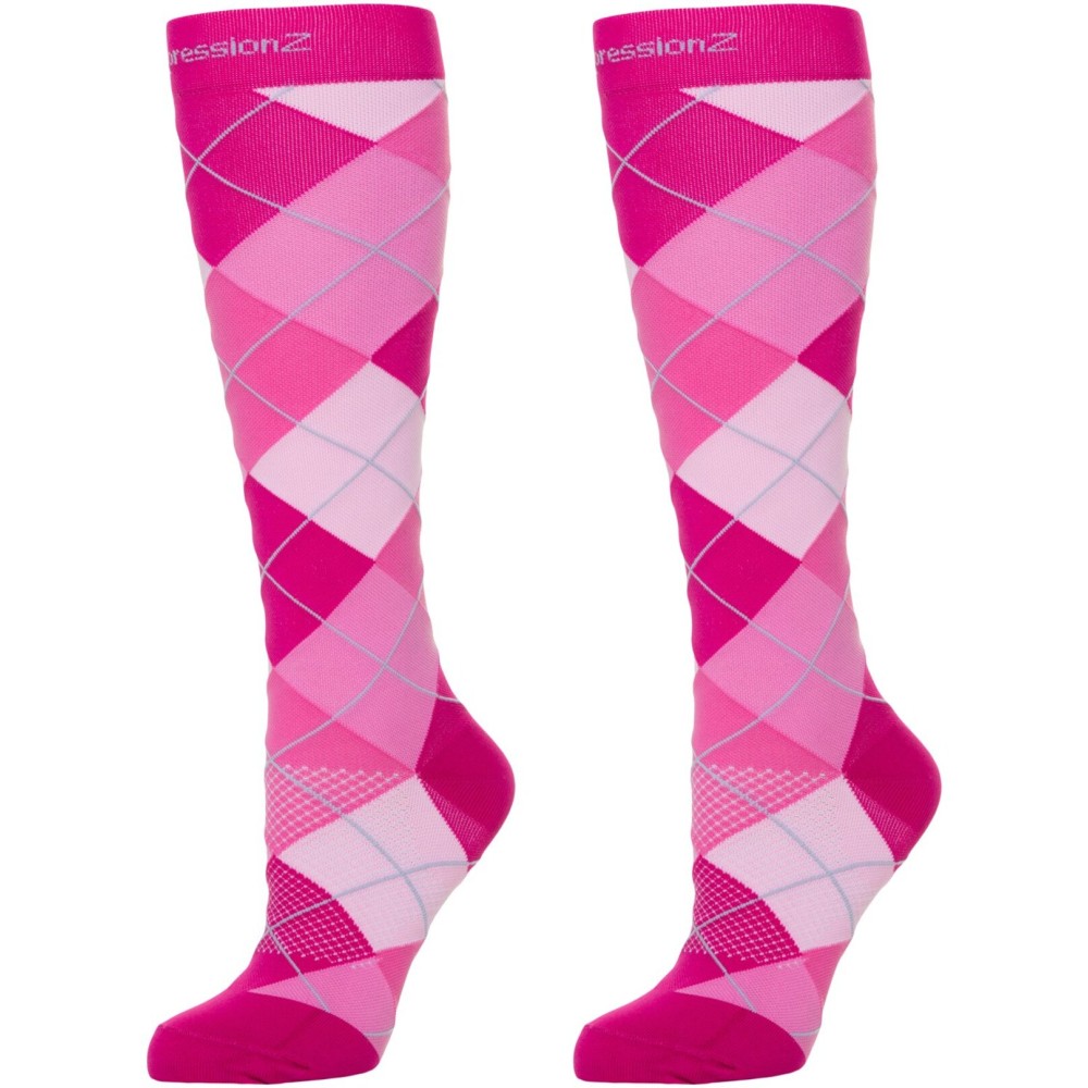 CompressionZ 30-40 mmHg Knee High Compression Socks Men & Women | Support Stockings for Travel, Nurses and Athletes (Argyle Pink, X-Large)