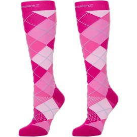 CompressionZ 30-40 mmHg Knee High Compression Socks Men & Women | Support Stockings for Travel, Nurses and Athletes (Argyle Pink, X-Large)