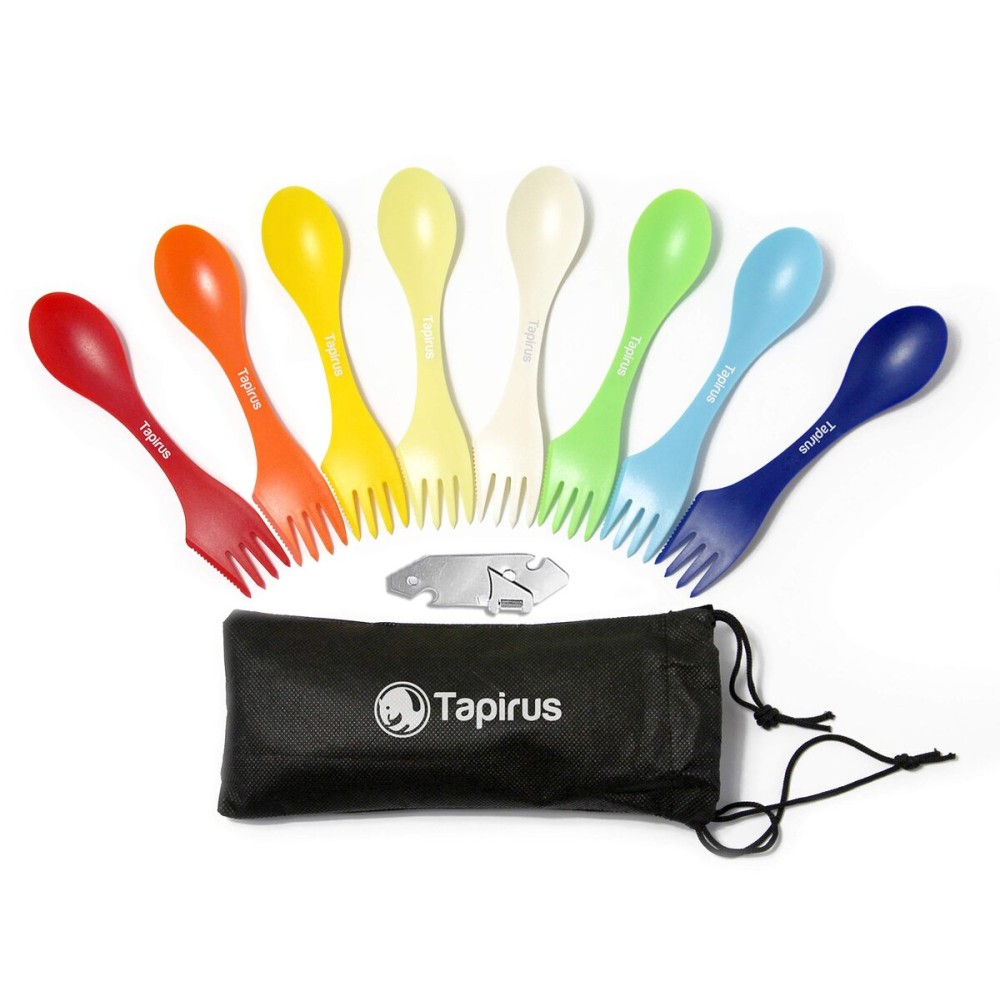 Tapirus - Camping Sporks to Go V8 Set - 7 BPA Free Plastic Sporks Reusable - Camping Spoon Fork Knife Combo with Bottle Opener & Case - For Hiking, Hunting, Backpacking Utensils, MREs - Pack of 8