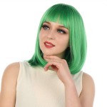 eNilecor Short Bob Hair Wigs 12 Straight with Flat Bangs Synthetic Colorful Cosplay Daily Party Wig for Women Natural As Real Hair+ Free Wig Cap (Green)