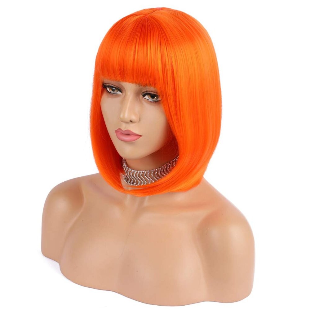 eNilecor Short Bob Hair Wigs 12 Straight with Flat Bangs Synthetic Colorful Cosplay Daily Party Wig for Women Natural As Real Hair+ Free Wig Cap (Orange)