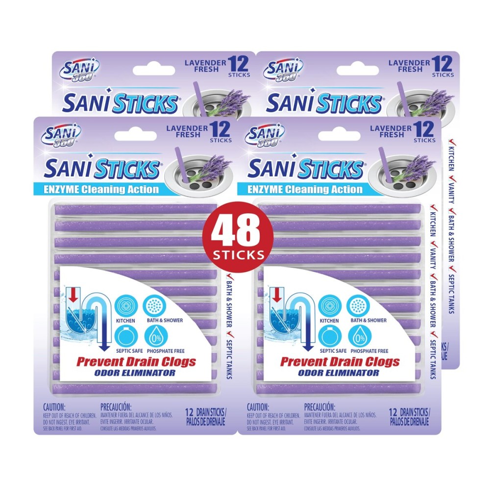 SANI 360 Sani Sticks Drain Cleaner and Deodorizer, 48 Count, Lavender Scent Enzyme Pipe Cleaners, Eliminate Odors, Prevent Clogged Drains, Safe for Sinks, Bathtub Drains, Septic Tanks