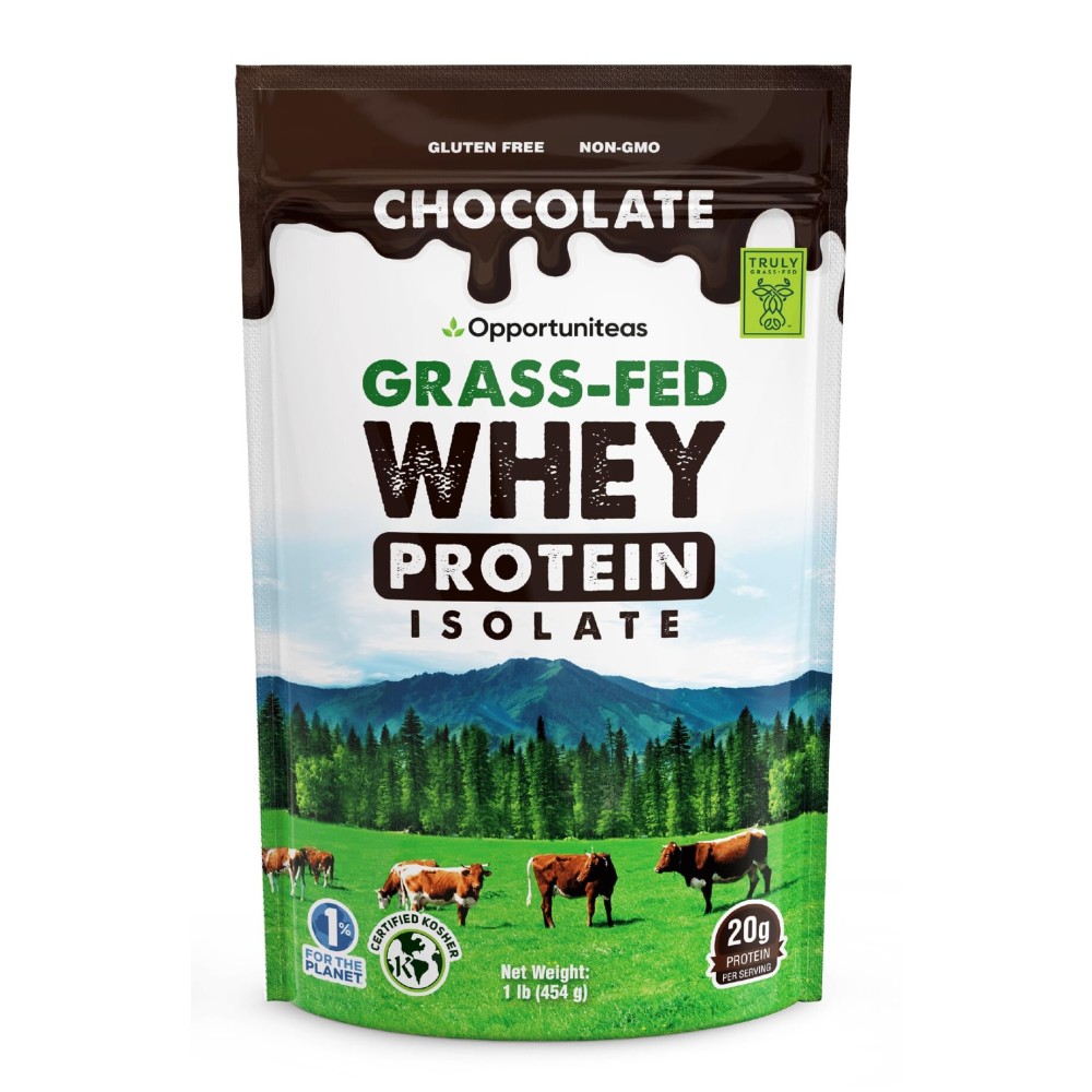 Opportuniteas Grass Fed Chocolate Whey Isolate Protein Powder - 20 g Protein, Heavy-Metal Tested, Made with Organic Cacao & Organic Cane Sugar, Non-GMO, Hormone-Free, Sourced from Ireland, 1 lb