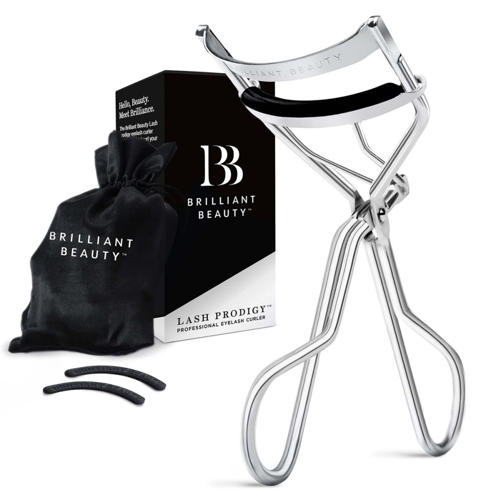 Brilliant Beauty Eyelash Curler with Satin Bag and Refill Pads - Award Winning - No Pinching, Just Dramatically Curled Eyelashes and Lash Line in Seconds - Get Gorgeous Eye Lashes Now (Platinum)