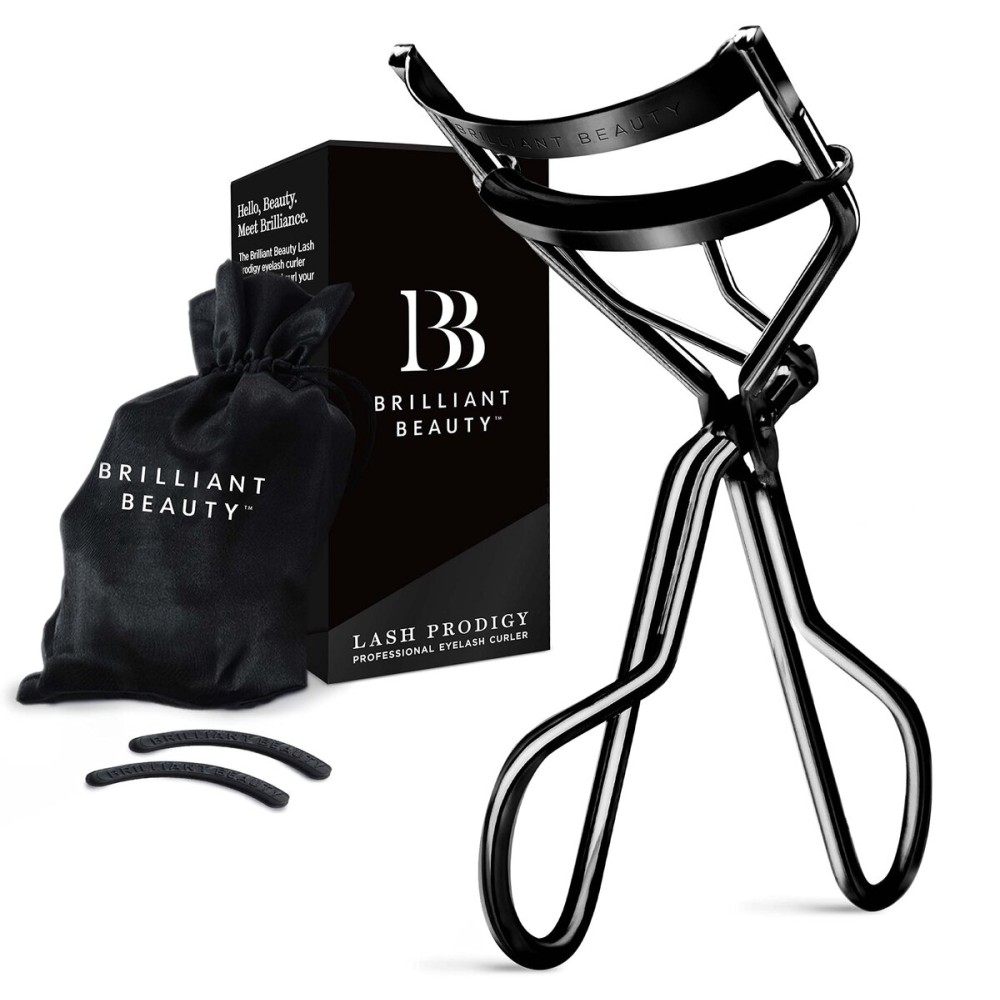 Brilliant Beauty Eyelash Curler with Satin Bag & Refill Pads - Award Winning Eye Lash Curlers for Dramatically Curled Eyelashes & Lash Lift in Seconds (Jet Black)
