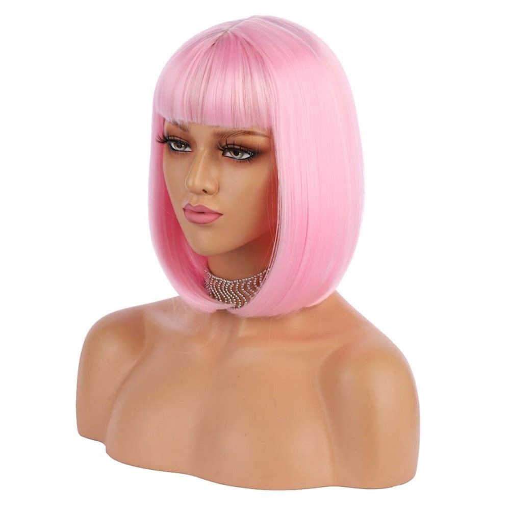 eNilecor Short Bob Hair Wigs 12 Straight with Flat Bangs Synthetic Colorful Cosplay Daily Party Wig for Women Natural As Real Hair+ Free Wig Cap (Light Pink)