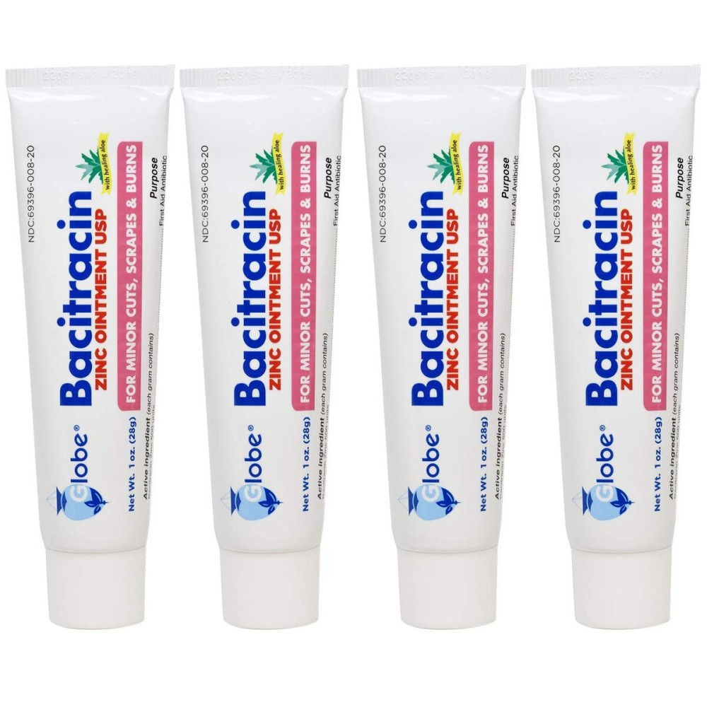 (4 Pack) Globe Bacitracin Zinc Ointment + Aloe 1oz, Antibiotic Ointment, Essential Antibiotic First Aid Supplies, Healing Action, Maximum Antibiotic Power, Prevents Infection in cuts, scrapes, Burns