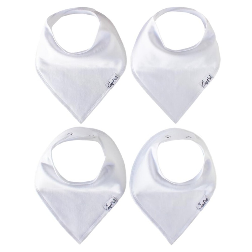 Copper Pearl 4 Pack Soft Cotton Baby Bibs for Drooling and Teething, Absorbent Drool Bibs for Baby Girl and Boy, Adjustable to Fit Newborns to Toddlers (White Basics)